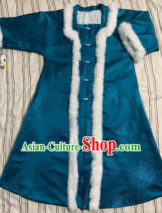 Chinese Ancient Nobility Lady Winter Blue Long Coat Traditional Ming Dynasty Princess Costume for Women