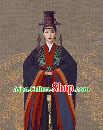 Chinese Ancient Court Queen Mother Black Dress Traditional Qin Dynasty Empress Dowager Costumes and Headpiece for Women