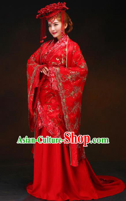 Chinese Ancient Bride Red Dress Traditional Han Dynasty Royal Empress Wedding Costumes and Headpiece for Women