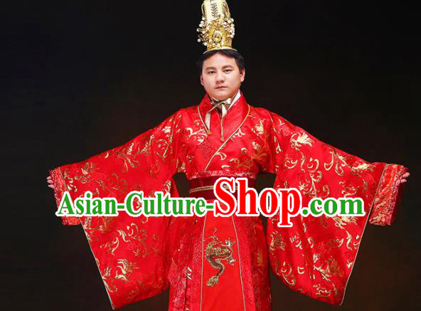 Chinese Ancient Bridegroom Red Hanfu Clothing Traditional Han Dynasty Royal Prince Wedding Costumes and Headpiece for Men