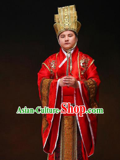 Chinese Ancient Wedding Red Hanfu Clothing Traditional Han Dynasty Bridegroom Costumes and Headpiece for Men