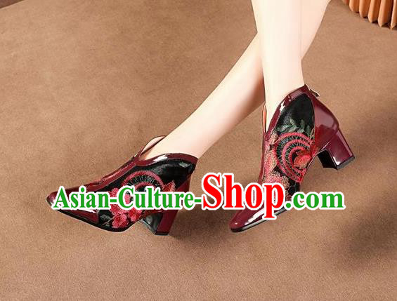 Traditional Chinese Embroidered Flowers Wine Red Leather Shoes National High Heel Shoes for Women