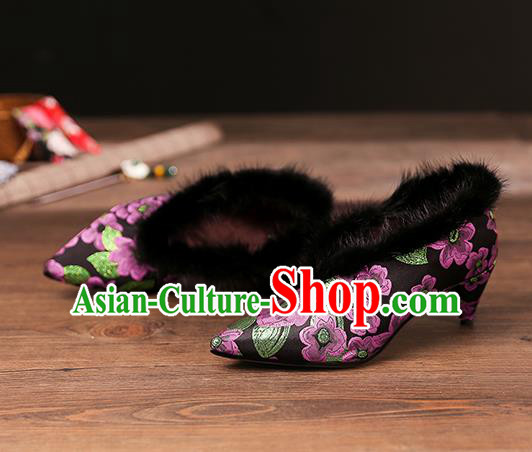 Traditional Chinese Embroidered Purple Flowers Shoes National High Heel Shoes for Women