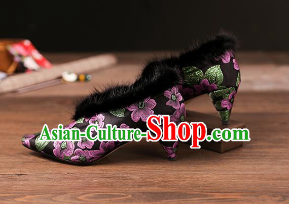 Traditional Chinese Embroidered Purple Flowers Shoes National High Heel Shoes for Women