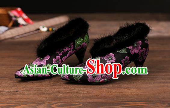 Traditional Chinese Embroidered Purple Flowers Shoes National High Heel Shoes for Women