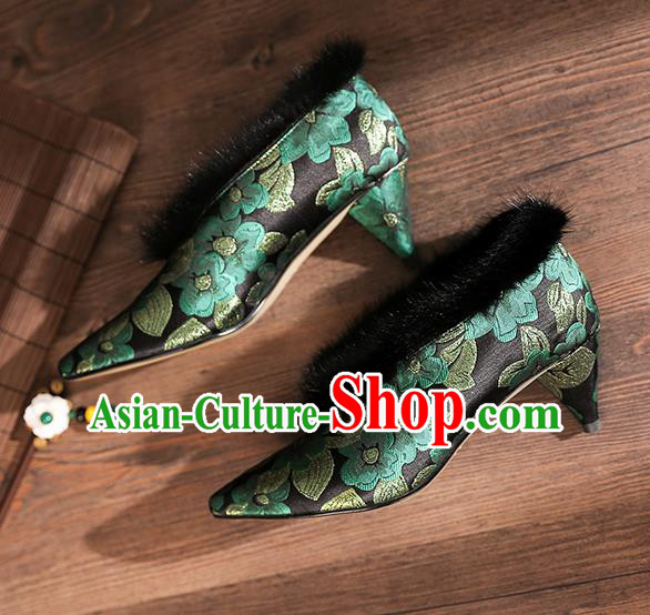 Traditional Chinese Embroidered Green Flowers Shoes National High Heel Shoes for Women