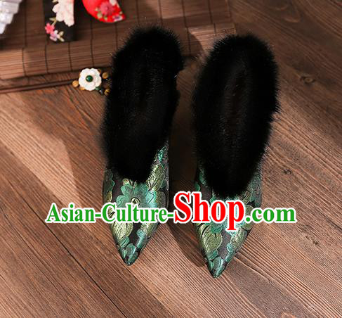 Traditional Chinese Embroidered Green Flowers Shoes National High Heel Shoes for Women