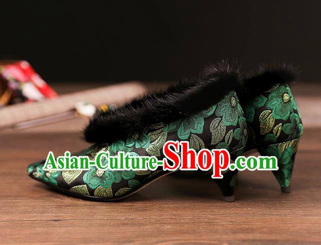 Traditional Chinese Embroidered Green Flowers Shoes National High Heel Shoes for Women