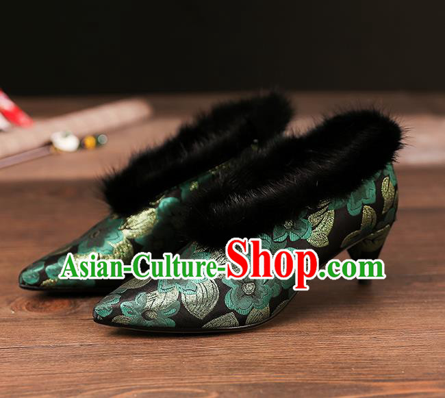 Traditional Chinese Embroidered Green Flowers Shoes National High Heel Shoes for Women