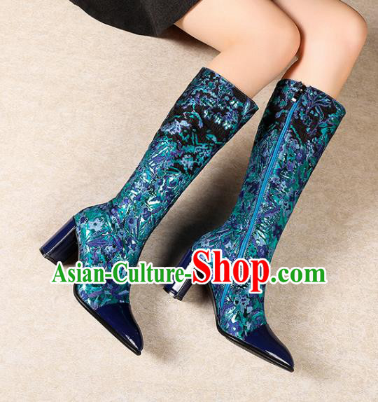 Traditional Chinese Handmade Blue Satin Boos National High Heel Shoes for Women