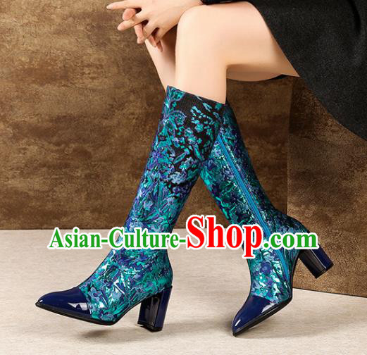 Traditional Chinese Handmade Blue Satin Boos National High Heel Shoes for Women