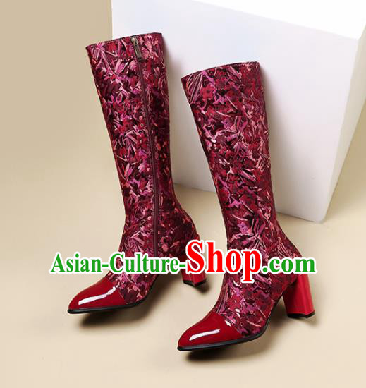 Traditional Chinese Handmade Wine Red Satin Boos National High Heel Shoes for Women