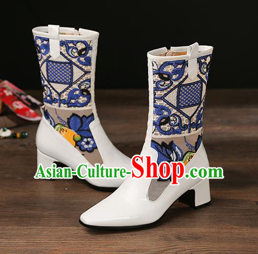 Traditional Chinese Handmade Embroidered White Boos National High Heel Shoes for Women