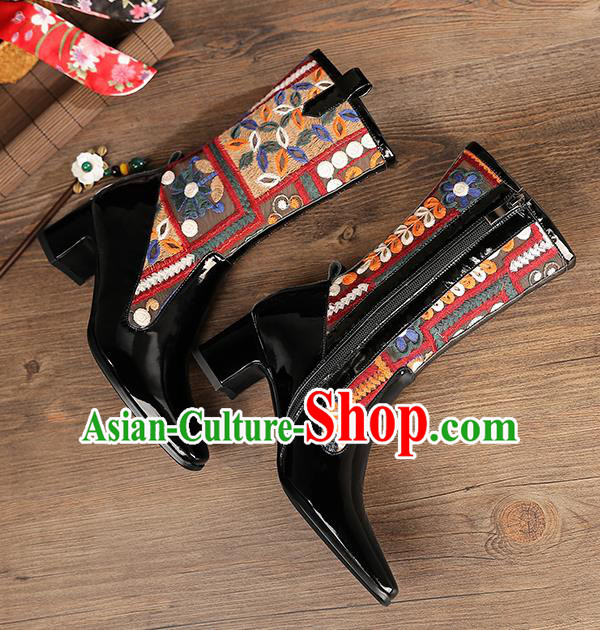 Traditional Chinese Handmade Embroidered Black Boos National High Heel Shoes for Women