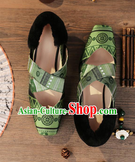 Traditional Chinese Handmade Green Satin Shoes National High Heel Shoes for Women