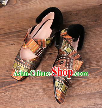 Traditional Chinese Handmade Khaki Satin Shoes National High Heel Shoes for Women