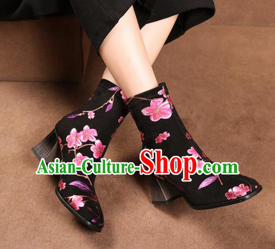 Traditional Chinese Handmade Printing Flowers Black Boots National High Heel Shoes for Women