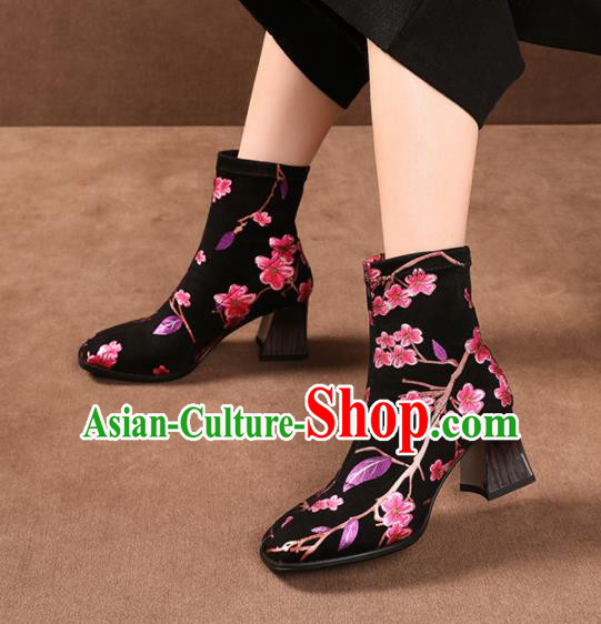 Traditional Chinese Handmade Printing Flowers Black Boots National High Heel Shoes for Women