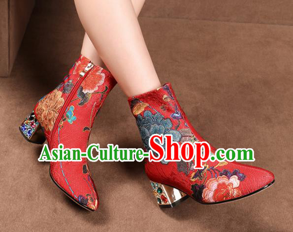 Traditional Chinese Handmade Embroidered Red Boots National High Heel Shoes for Women