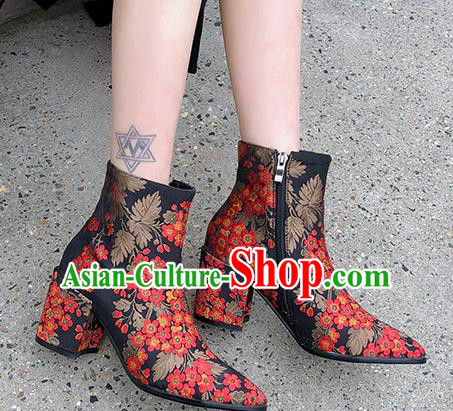 Traditional Chinese Handmade Embroidered Red Flowers Boots National High Heel Shoes for Women