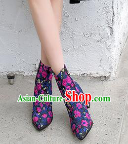 Traditional Chinese Handmade Embroidered Rosy Flowers Boots National High Heel Shoes for Women