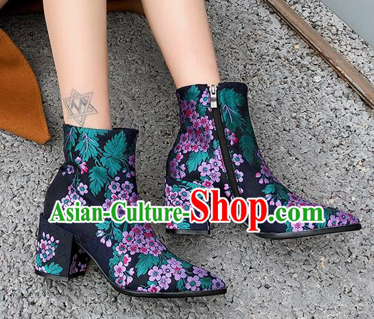 Traditional Chinese Handmade Embroidered Purple Flowers Boots National High Heel Shoes for Women