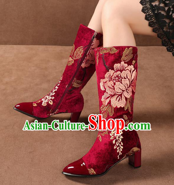 Traditional Chinese Handmade Embroidered Peony Red Long Boots National High Heel Shoes for Women