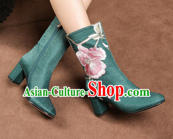 Traditional Chinese Handmade Embroidered Green Boots National High Heel Shoes for Women