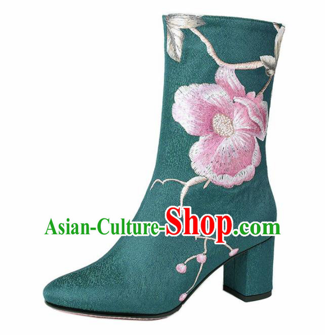 Traditional Chinese Handmade Embroidered Green Boots National High Heel Shoes for Women