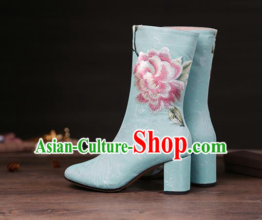 Traditional Chinese Handmade Embroidered Peony Blue Boots National High Heel Shoes for Women