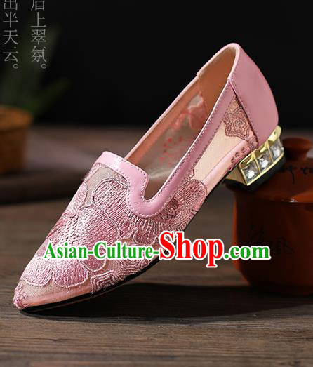 Traditional Chinese Handmade Embroidered Peony Pink Shoes National High Heel Shoes for Women