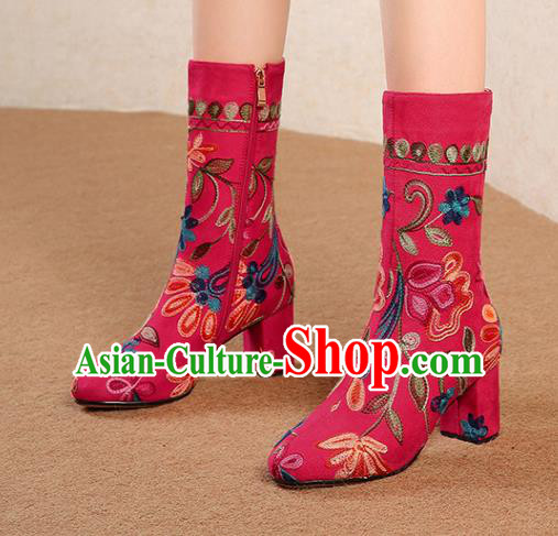 Traditional Chinese Handmade Embroidered Red Boots National High Heel Shoes for Women