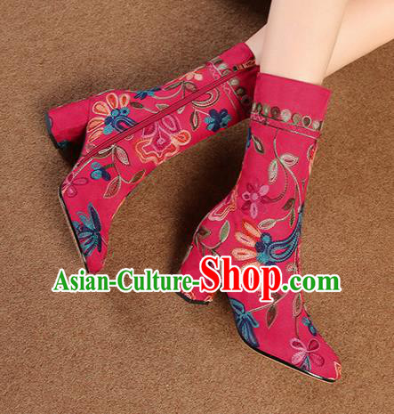 Traditional Chinese Handmade Embroidered Red Boots National High Heel Shoes for Women
