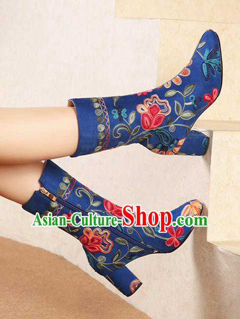 Traditional Chinese Handmade Embroidered Royalblue Boots National High Heel Shoes for Women