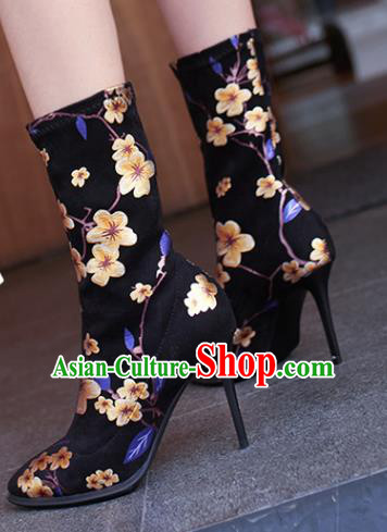 Traditional Chinese Handmade Printing Plum Black Boots National High Heel Shoes for Women