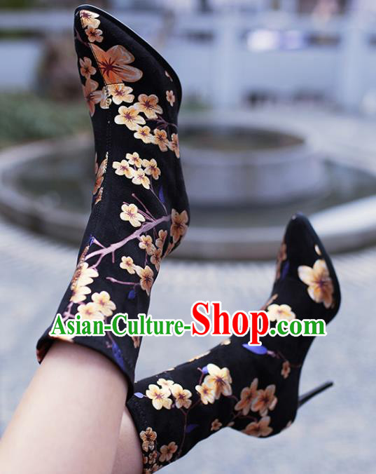 Traditional Chinese Handmade Printing Plum Black Boots National High Heel Shoes for Women