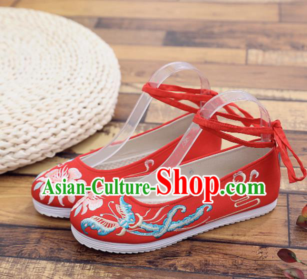 Traditional Chinese Handmade Embroidered Butterfly Red Shoes National Cloth Shoes for Women