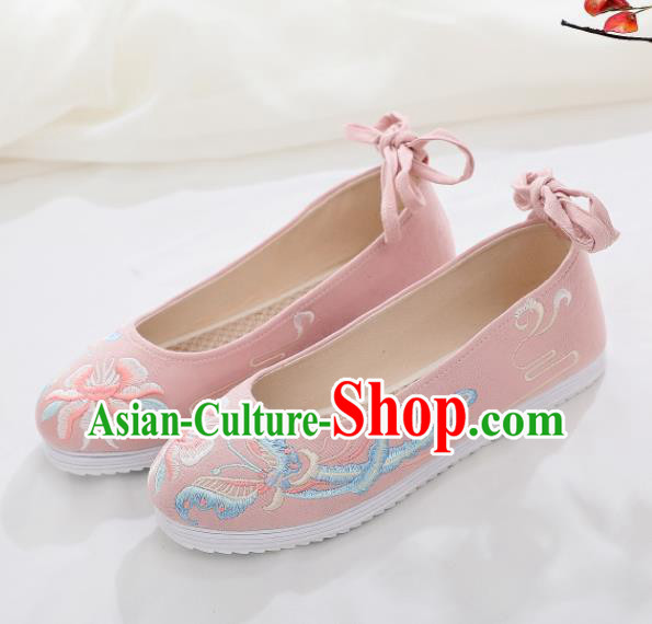 Traditional Chinese Handmade Embroidered Butterfly Pink Shoes National Cloth Shoes for Women