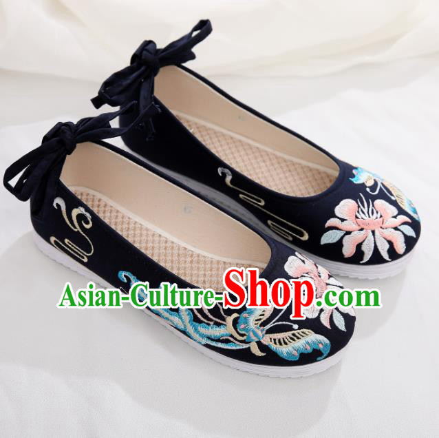 Traditional Chinese Handmade Embroidered Butterfly Black Shoes National Cloth Shoes for Women