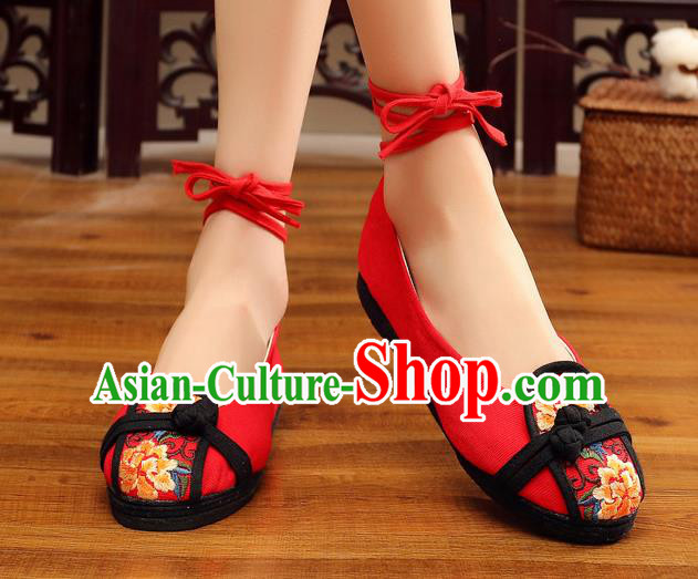 Traditional Chinese Handmade Embroidered Peony Red Shoes National Wedding Cloth Shoes for Women