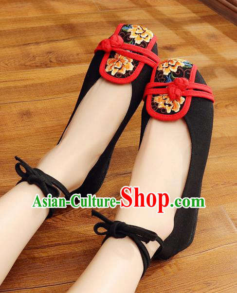 Traditional Chinese Handmade Embroidered Peony Black Shoes National Wedding Cloth Shoes for Women