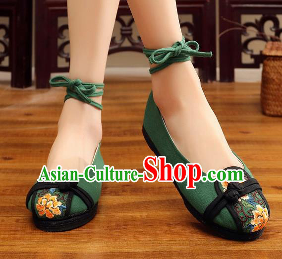 Traditional Chinese Handmade Embroidered Peony Green Shoes National Wedding Cloth Shoes for Women