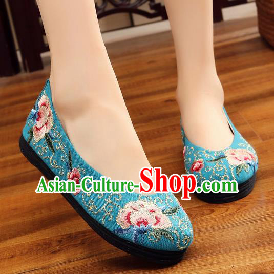 Traditional Chinese Handmade Embroidered Blue Shoes Hanfu Shoes National Cloth Shoes for Women