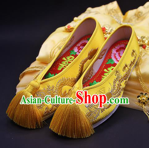 Traditional Chinese Handmade Embroidered Phoenix Yellow Shoes Hanfu Wedding Shoes National Cloth Shoes for Women