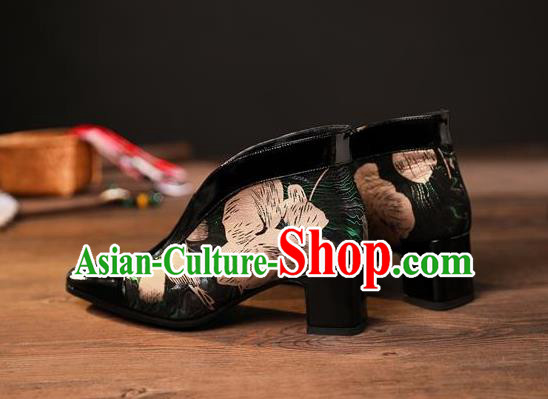 Traditional Chinese Printing Black Leather Shoes National High Heel Shoes for Women