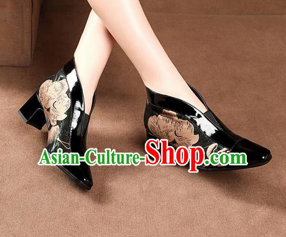 Traditional Chinese Printing Black Leather Shoes National High Heel Shoes for Women