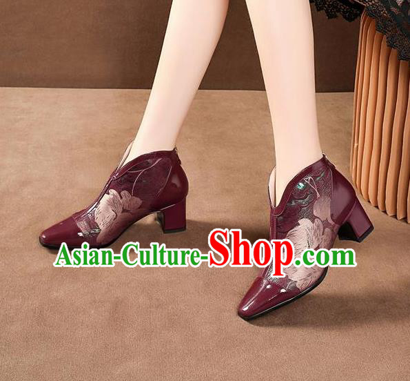 Traditional Chinese Printing Wine Red Leather Shoes National High Heel Shoes for Women