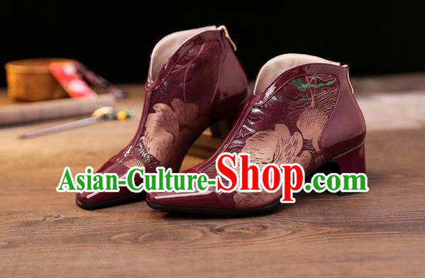 Traditional Chinese Printing Wine Red Leather Shoes National High Heel Shoes for Women