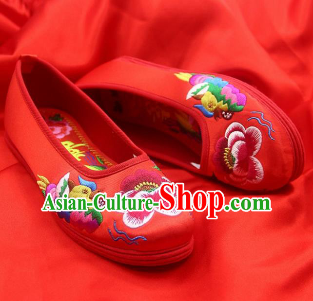 Traditional Chinese Handmade Embroidered Mandarin Duck Red Shoes Hanfu Wedding Shoes National Cloth Shoes for Women