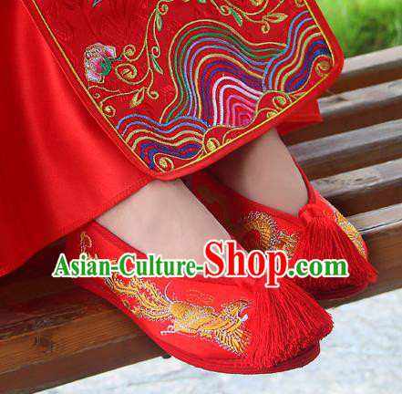 Traditional Chinese Handmade Embroidered Phoenix Red Shoes Hanfu Wedding Shoes National Cloth Shoes for Women